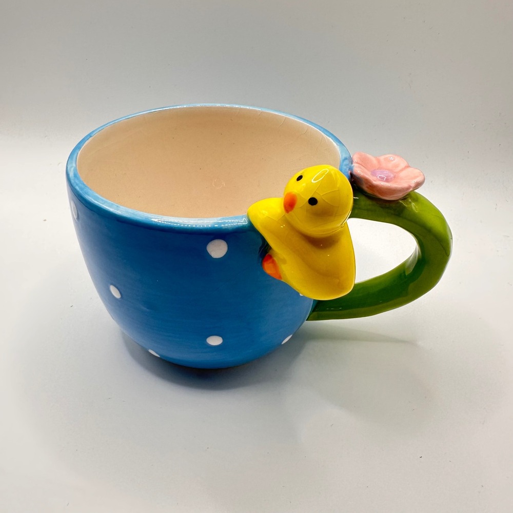 NWT Pier 1 Imports Blue Polka Dot Mug 3D Yellow Chick Flower Mushroom 2660363